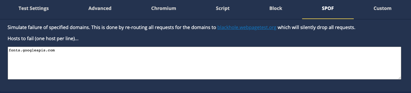A screenshot of configuring WebPageTest to run a test measurement that simulates a failure of the Google Fonts third-party service.