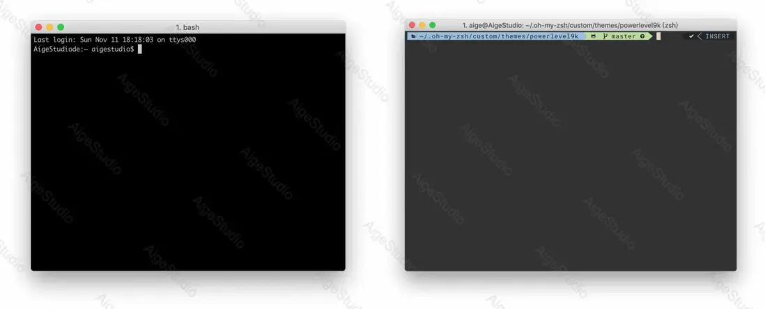 Bash 與調整後的 iTerm2 對比 —— From AigeStudio