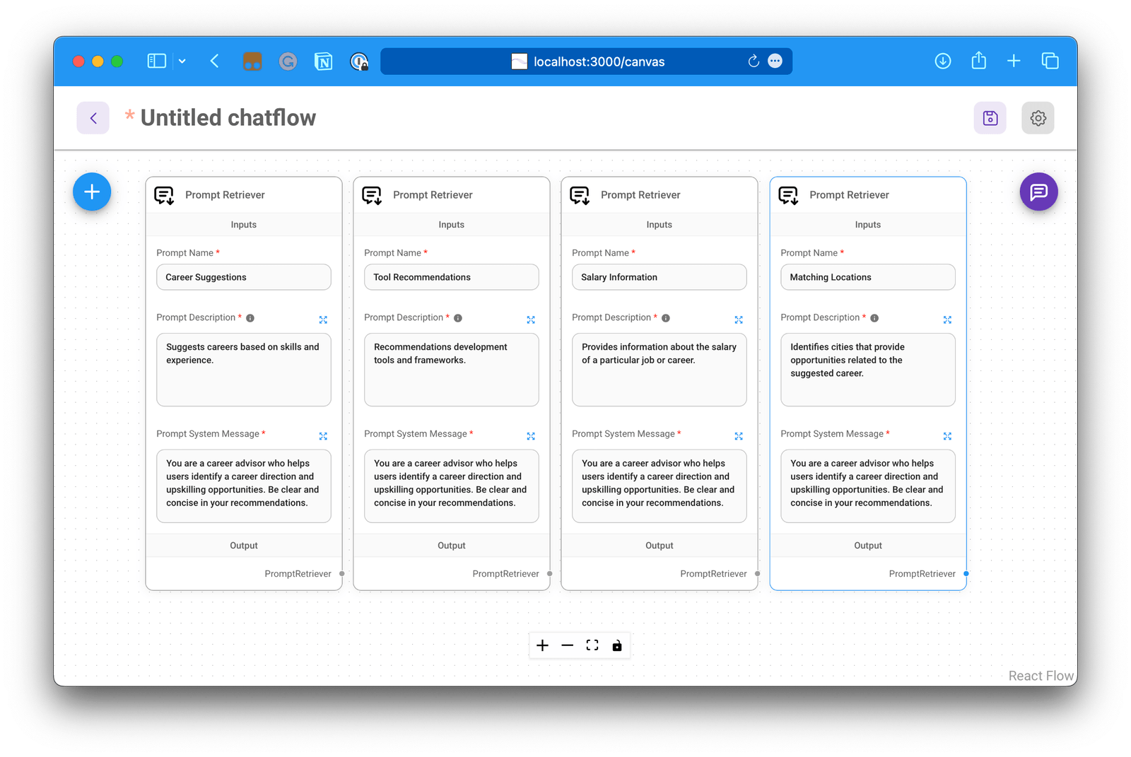 Four configured prompt retrievers on the canvas