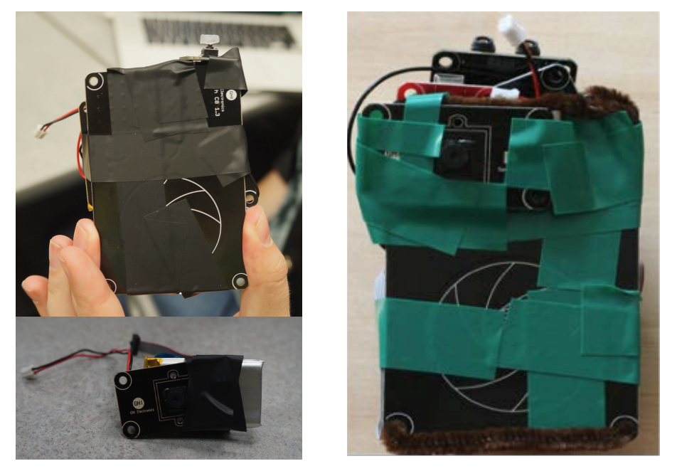 Three example wearable devices with taped together Arduino hardware. The size of 2 devices is approximately that of an iPod, with one device a small camera and rectangular battery.