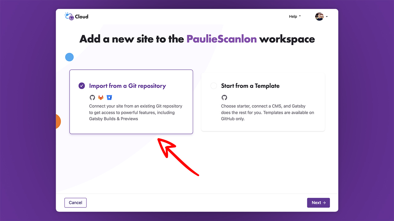 Screenshot select import from a Git repository