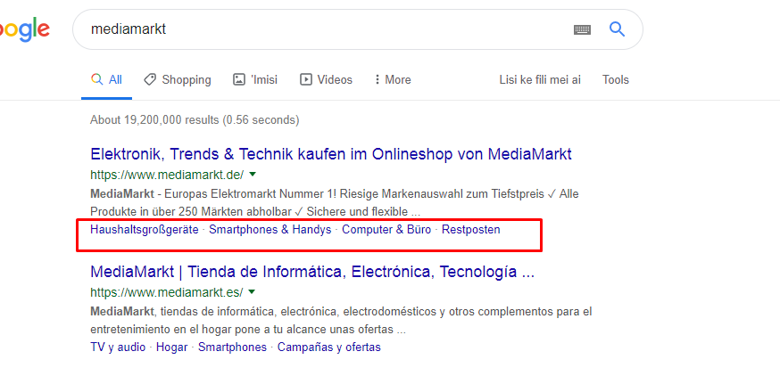 A screenshot of the Google search result with Mediamarkt.de on top with available quick links