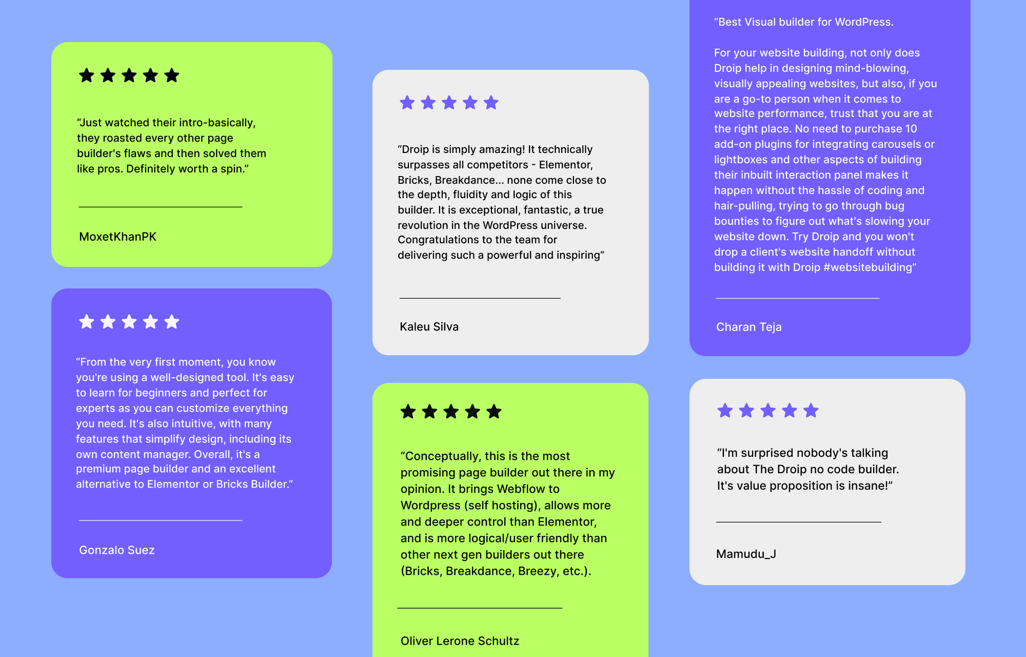 Image showing customer reviews and feedback on Droip’s website builder.