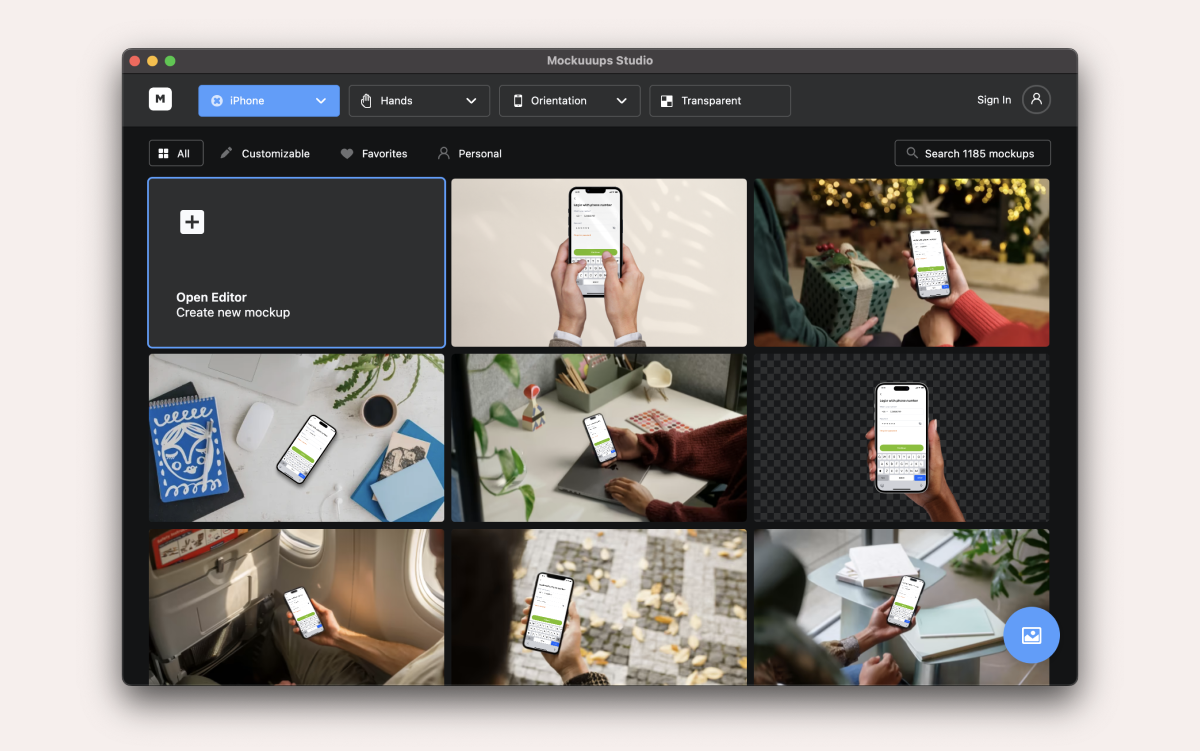 Examples of different mockups generated by Mockuuups Studio