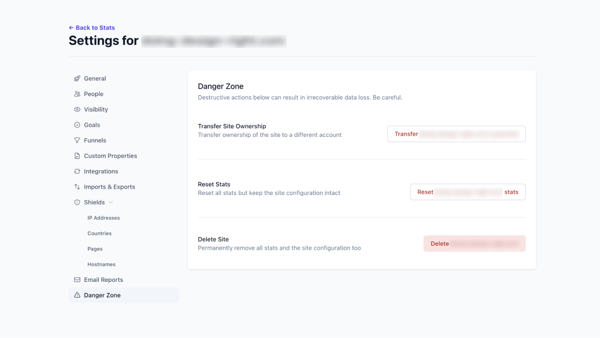 A separate page for danger zone actions in the Plausible application.