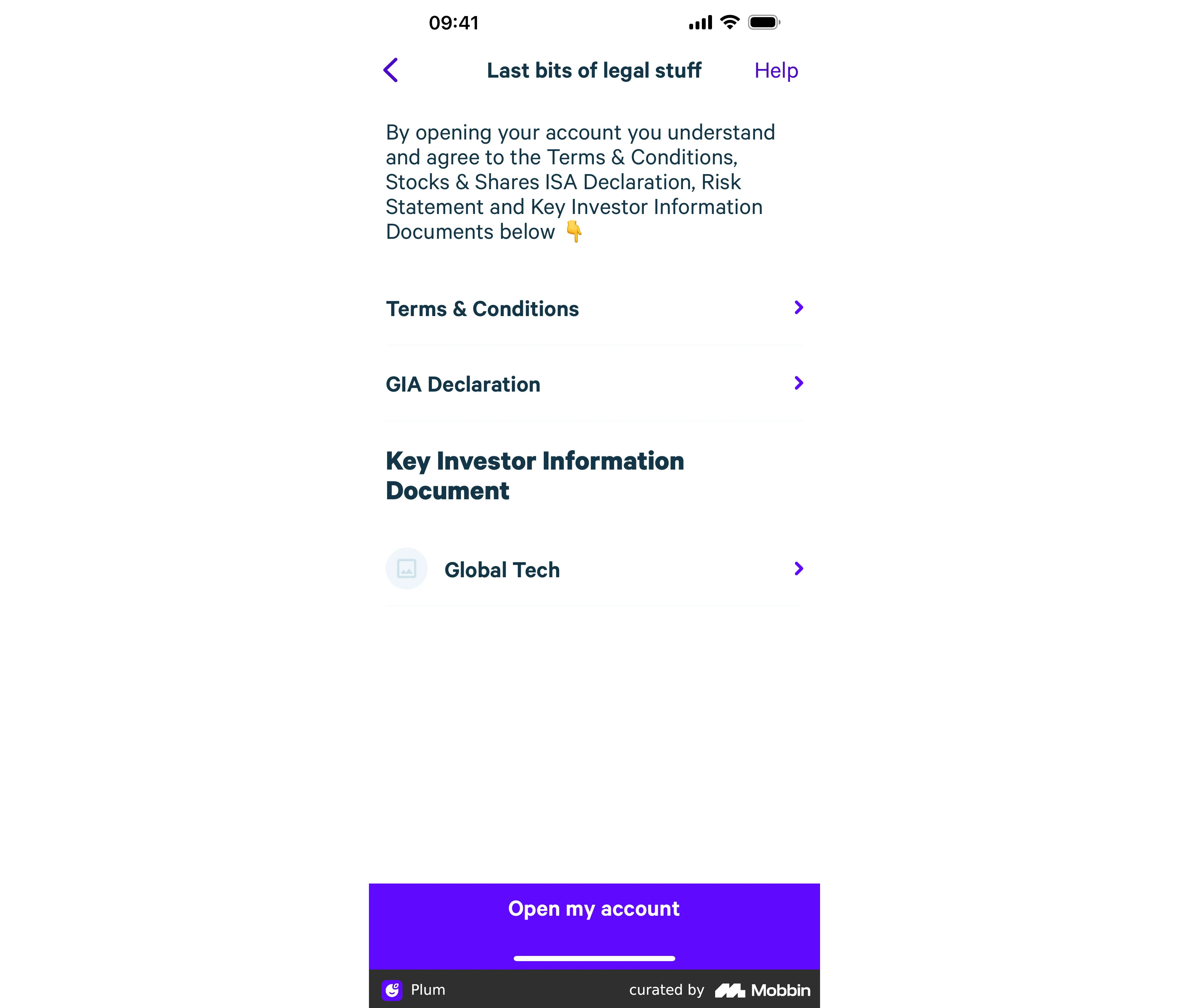 “Open my account” button at Plum