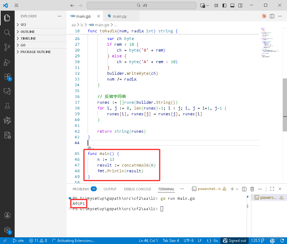 2025-12-13：十六進制和三十六進制轉化。用go語言，給定一個整數 n，先求它的平方並把該值用大寫字母的 16 進製表示（符號位按需處理，數位使用 0–9 與 A–F），再求它的立方並將該值用大_#後端