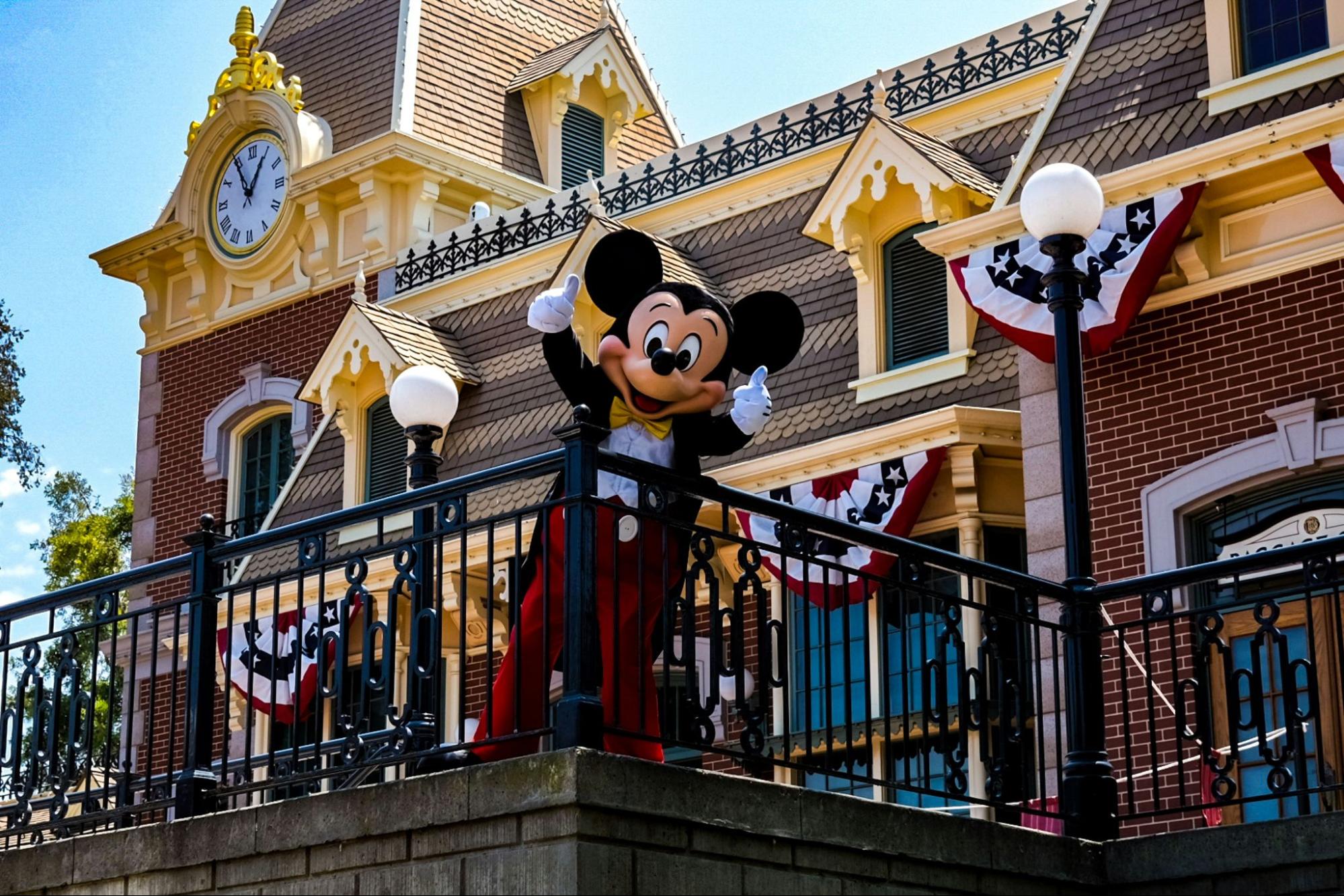 Mickey Mouse in front of the train station in Disneyland park