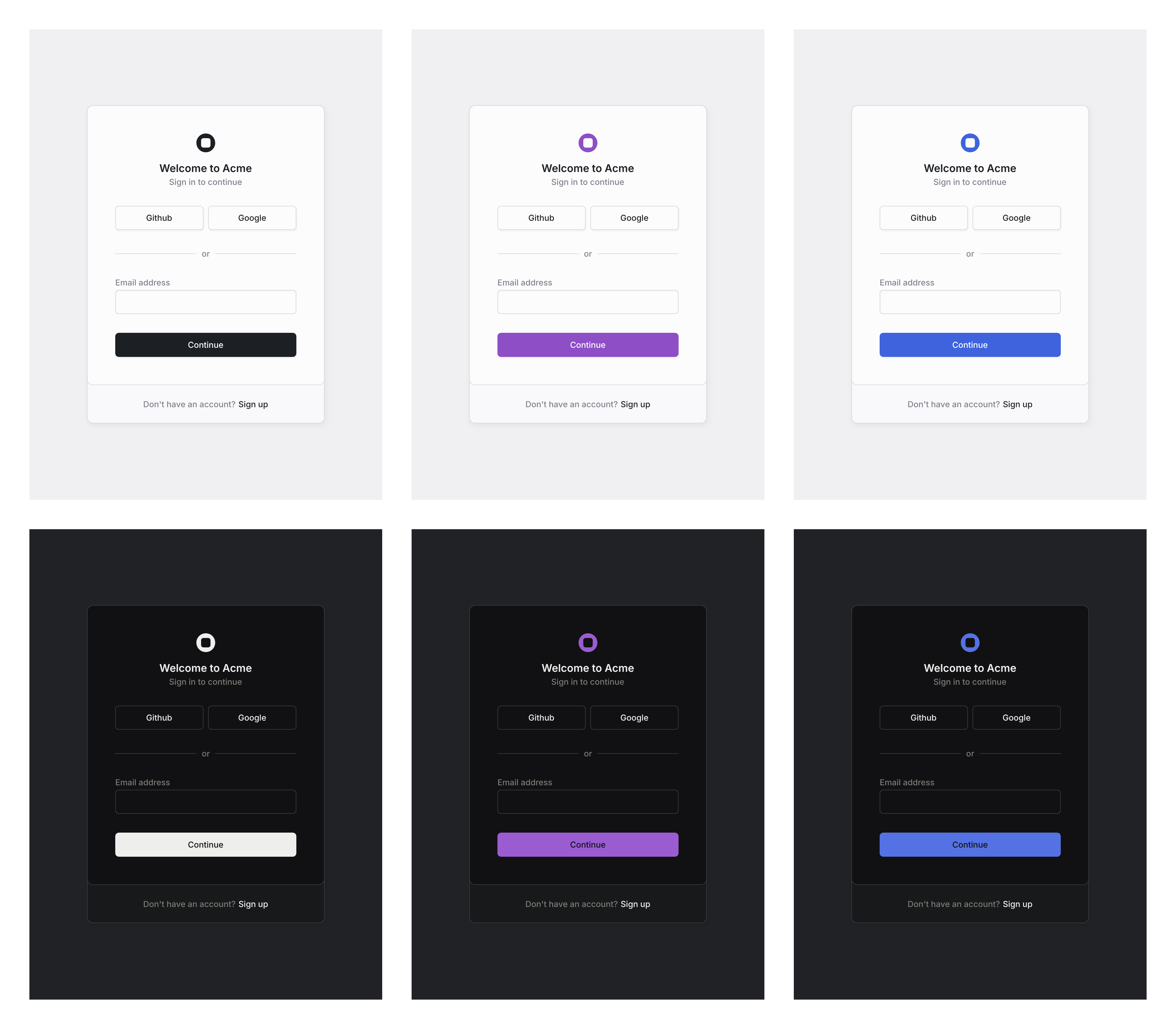 Six variants of a login screen design with three accent colors and light and dark mode options