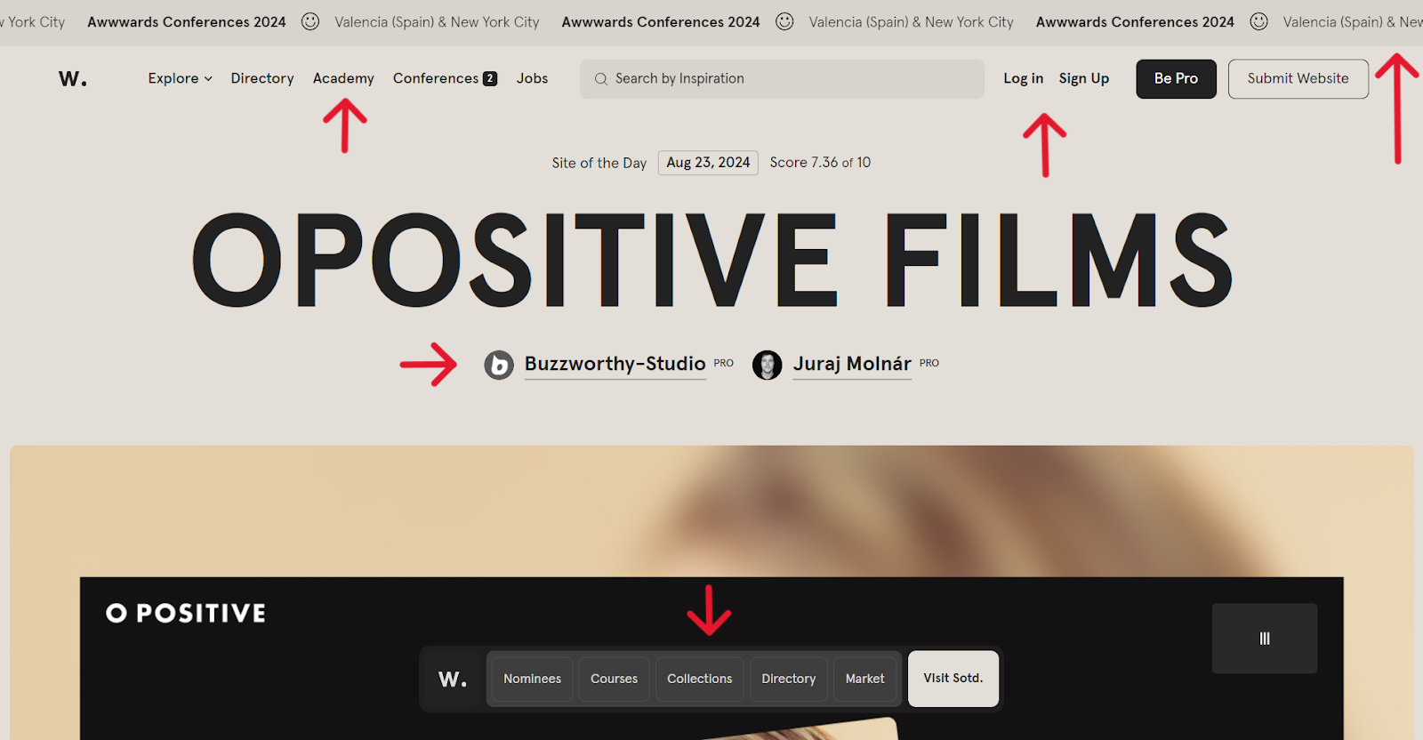 Awwwards homepage with highlighted menus at the top and bottom and a scrolling top bar