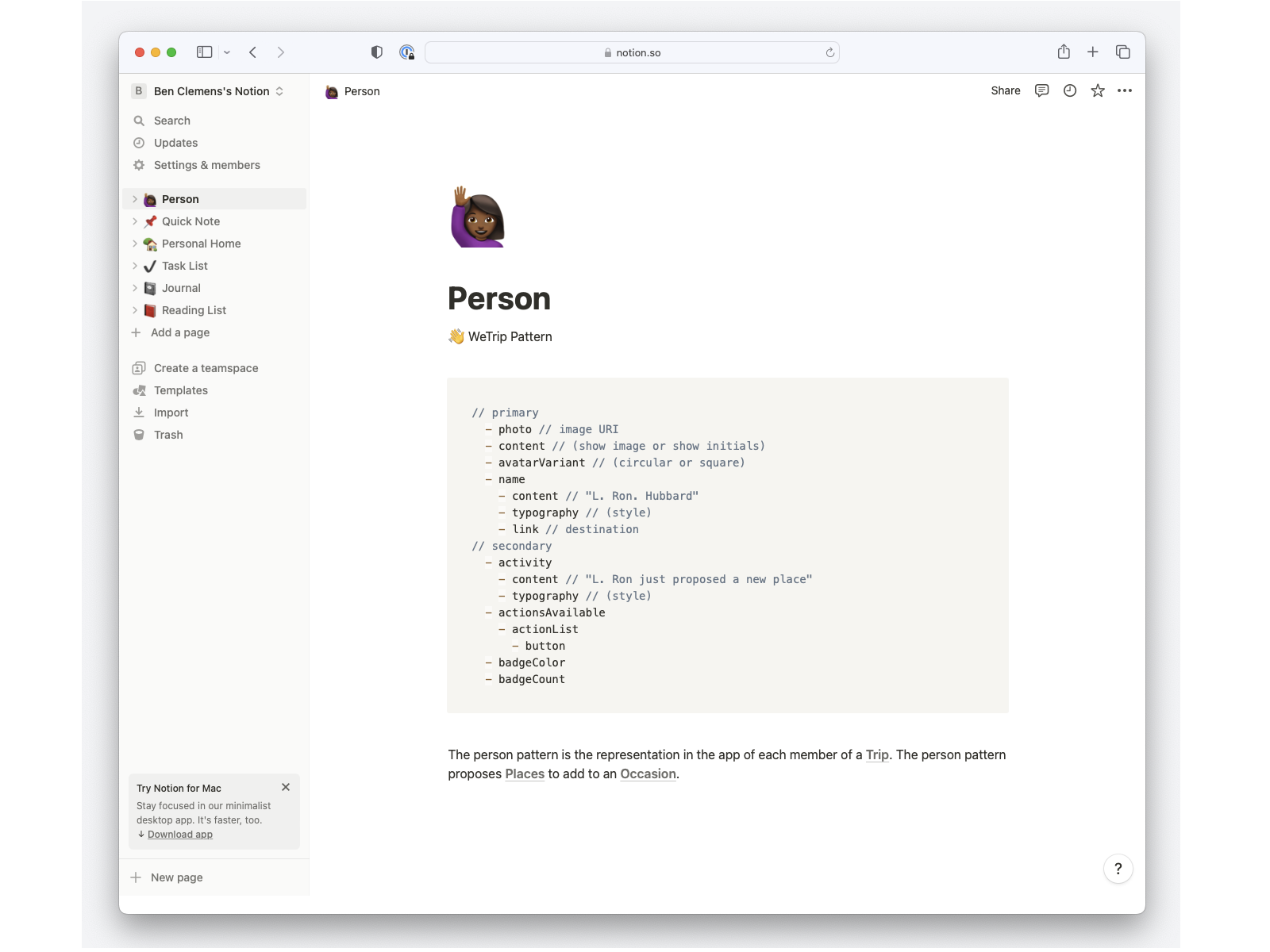 An example of a shared document for a design pattern, stored in Notion
