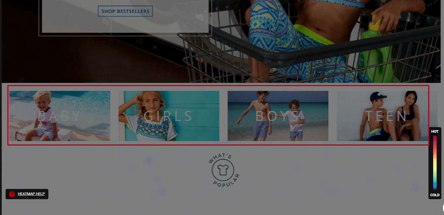 A screenshot of the website with heat maps where you can see that users never clicked on the category blocks