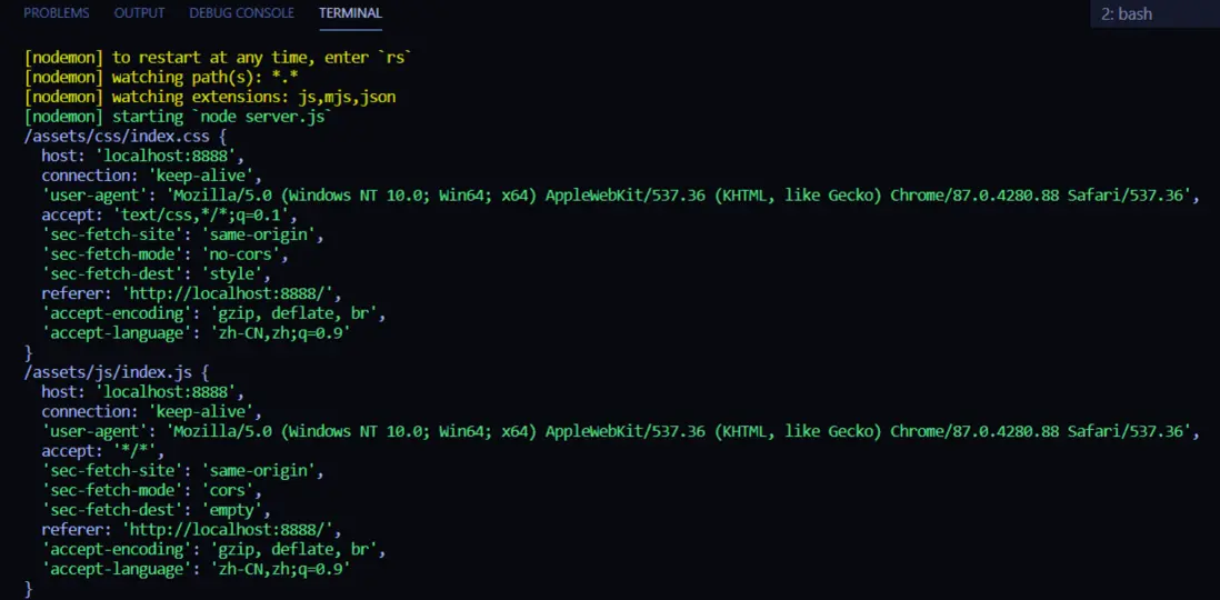 服務端打印請求頭信息
