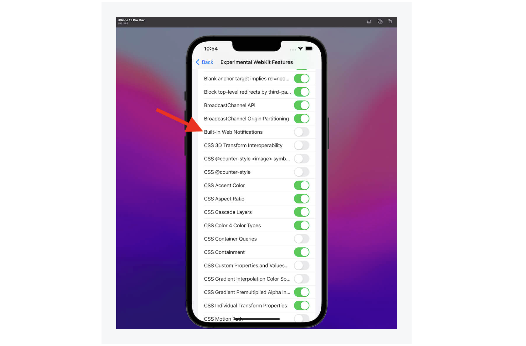 A screenshot with Experimental WebKit Features