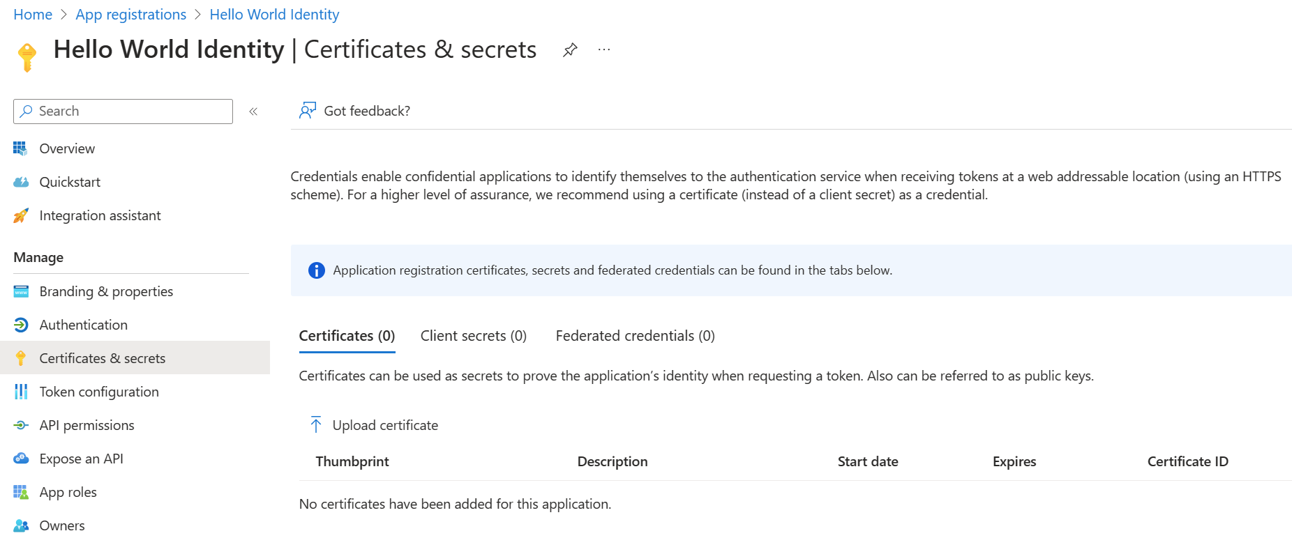 Screenshot of Azure portal showing the Certificates and secrets pane in app registration.