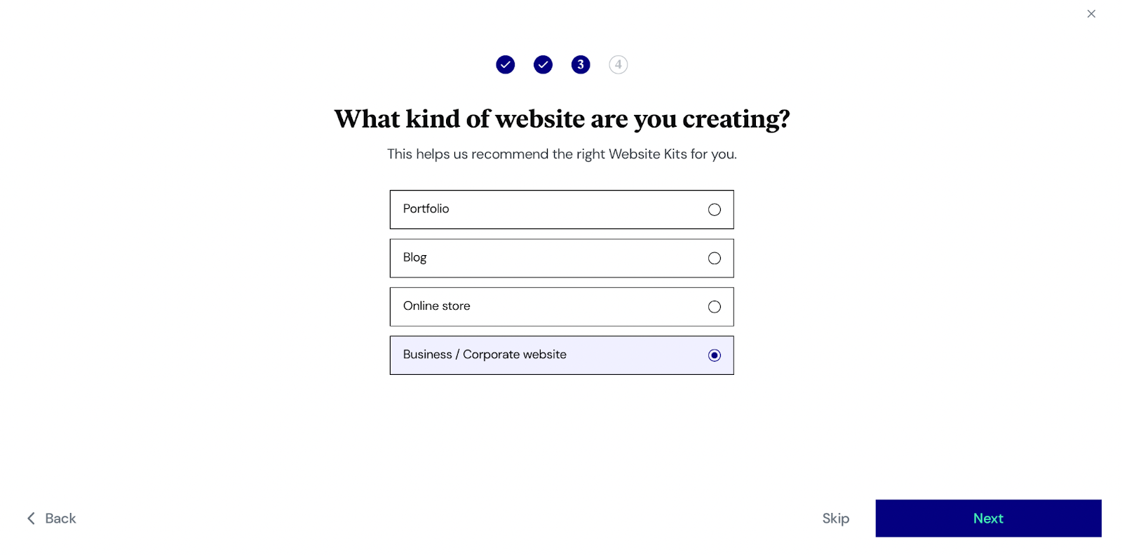 The third step in the Elementor Cloud Website setup wizard is to select a type of website