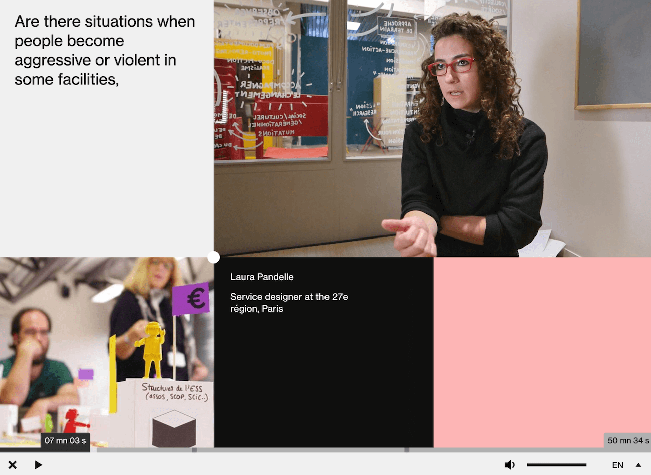 Ethics for Design shows subtitles by default in a dedicated space. In most environments, showing subtitles at the bottom of the screen would work better.