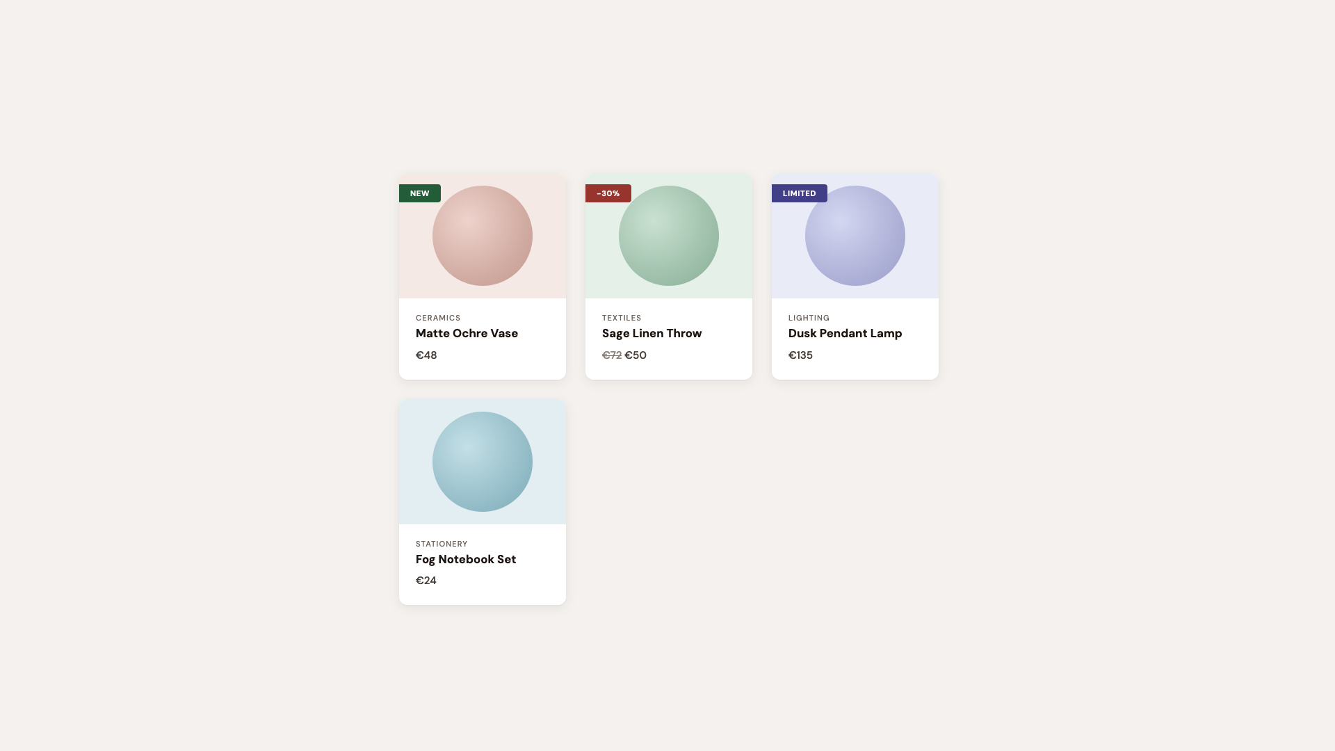 Product cards with colored corner badges like “New,” “–30%,” and “Limited.”