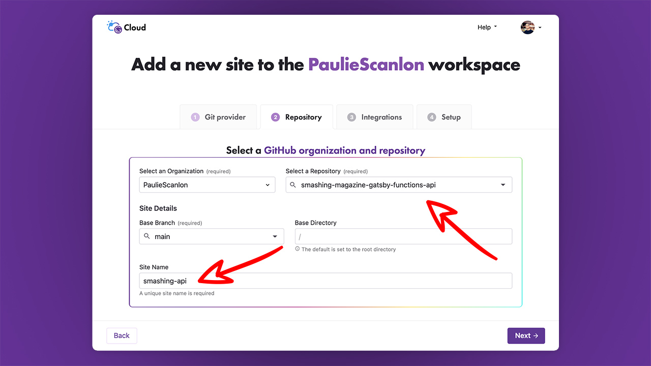 Screenshot of Gatsby Cloud search for site from Git provider