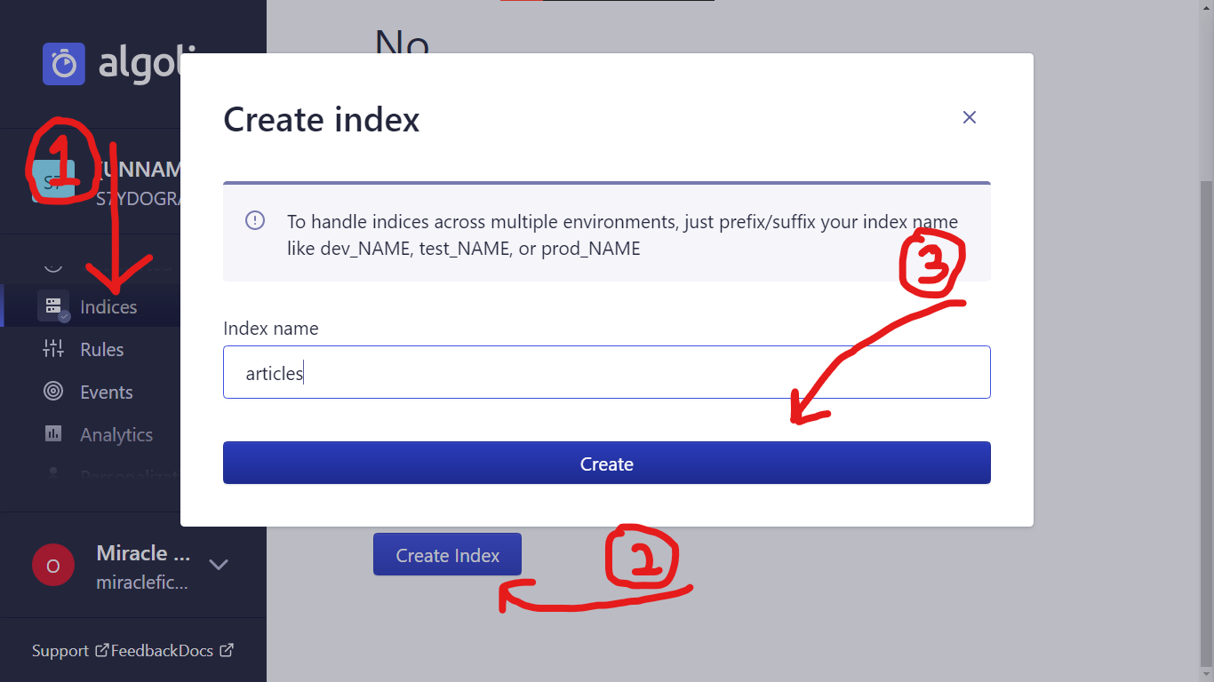 Screenshot of Algolia account page to create new index