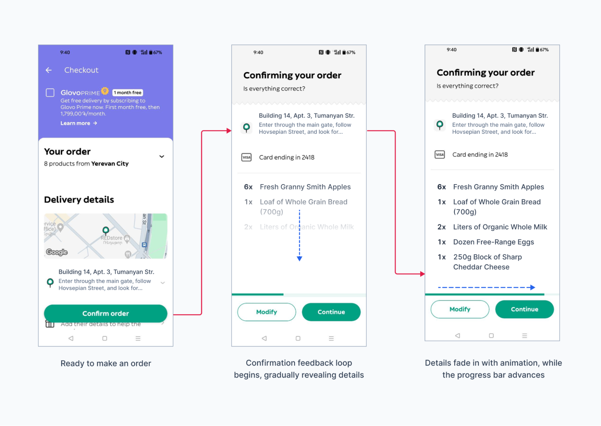 Workflow of a food delivery app that uses an illusion of progress.