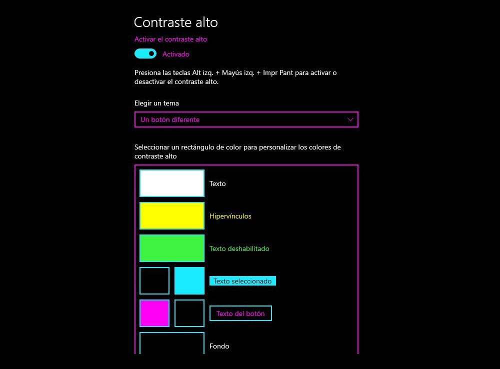 Screenshot of High Contrast Mode’s window with the default black pallete, except that the button color was changed to fuschia