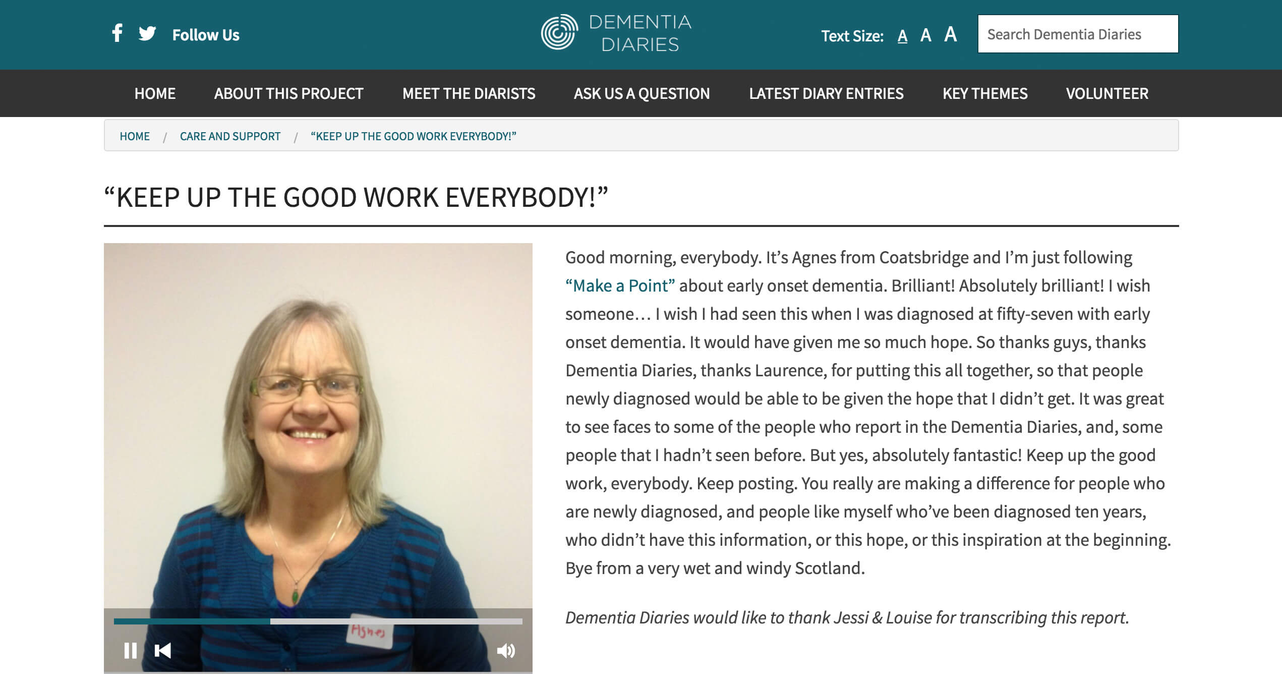 An example of an audio report which was transcribed remotely by a volunteer. Notice the short “thanks” beneath the transcript.