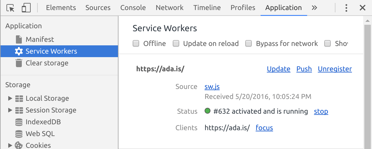 The Application tab in Chrome Developer Tools