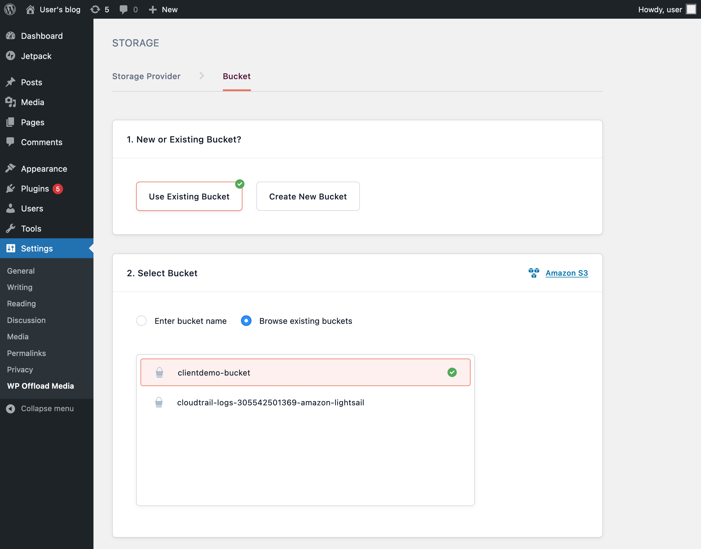 Selecting the bucket for WP Offload Media Lite