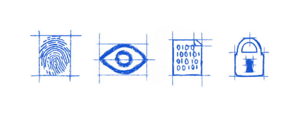 A set of four hand-drawn icon illustrations sketched in blue ink