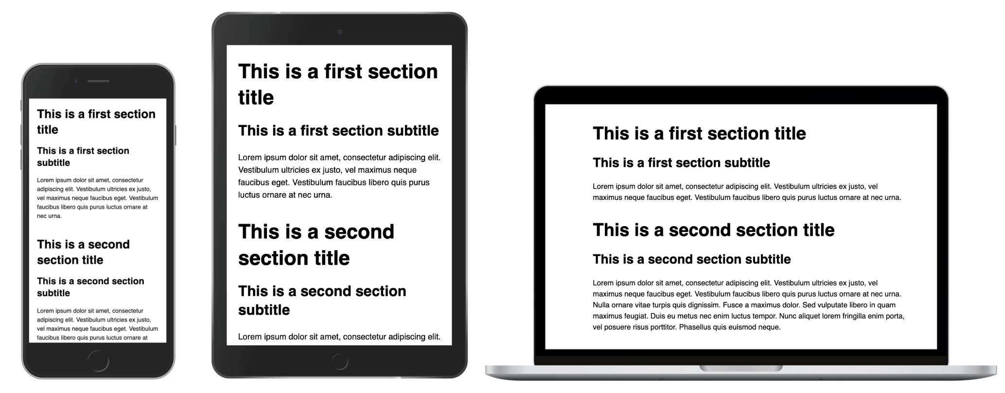 An example of typography on three different devices with different screen sizes, namely: a phone, a tablet and a laptop.