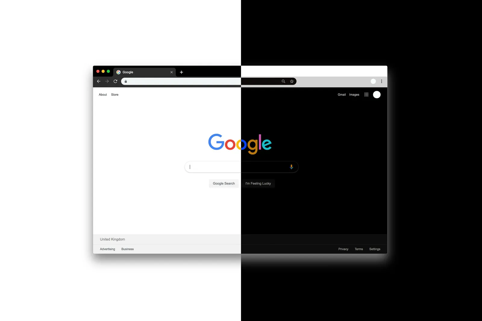 Image showing a split screen of the Google home page in light mode on the left and dark mode on the right