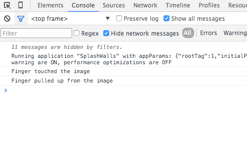 Logging message to the console on touch and lift.