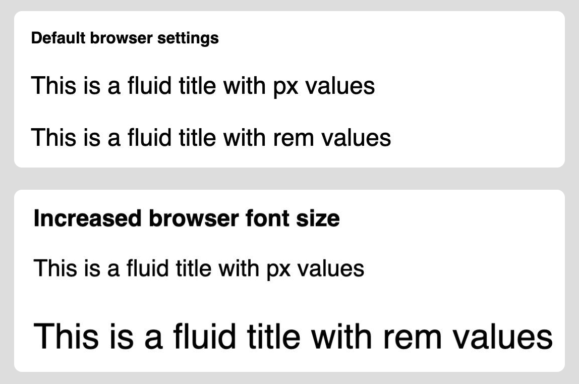 Pixel values do not adapt to browser font size preferences, but rem and em values do adapt.
