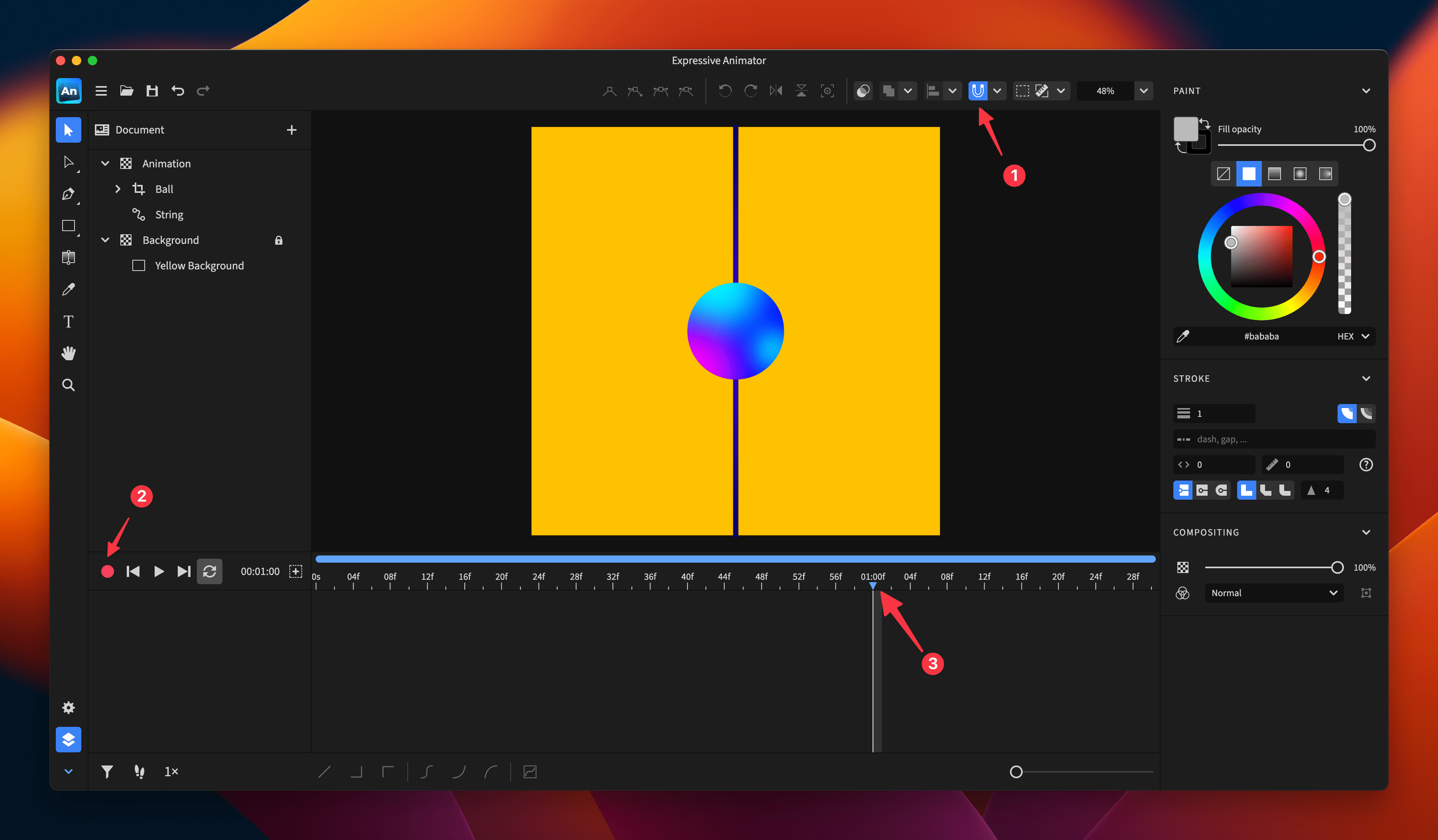 Screenshot with snapping and auto-record are enabled and the playhead moved to 01:00f