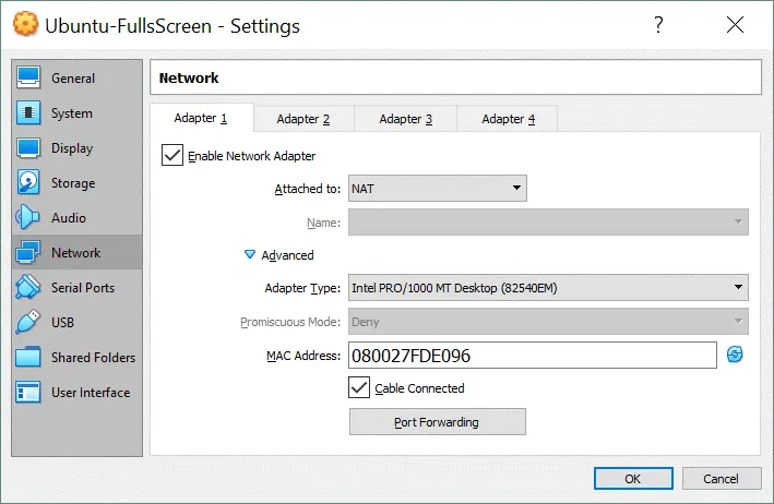 適配器 1 的虛擬框網絡設置