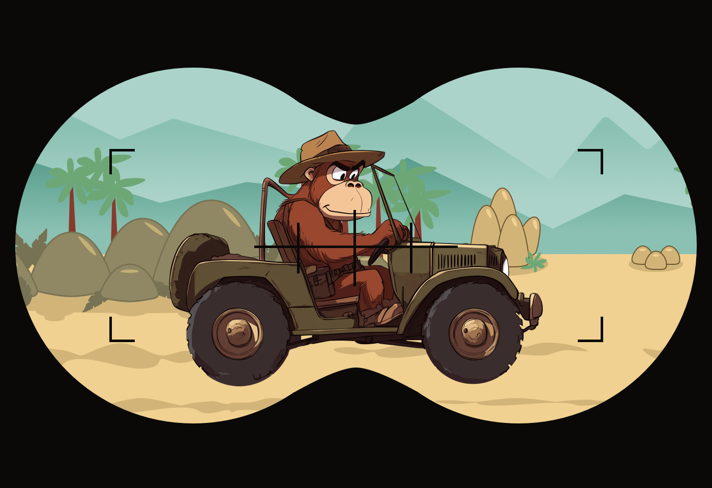An orangutan adventurer mascot driving across the landscape demonstrating the use of a binocular-shaped mask