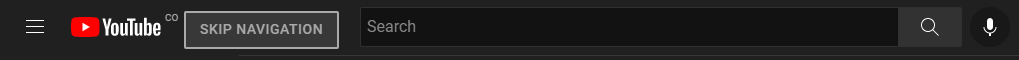 YouTube’s navigation bar with a focused link with the label 'Skip navigation' is visible