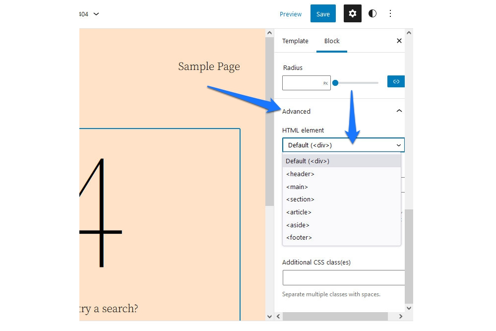 A screenshot of how to change the type of HTML element for template-part blocks