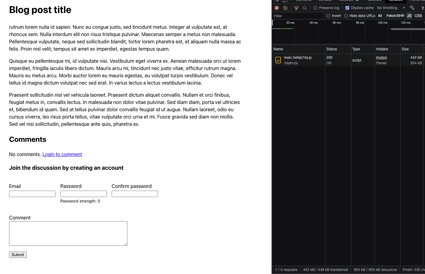 A blog post with a comment section on the left, and the main bundle with the imported zxcvbn library which is 442kB on the right.