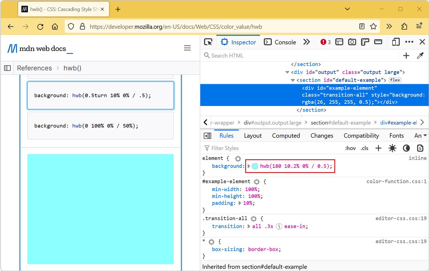 The Rules sidebar in Firefox, showing a hwb function with a color swatch next to it