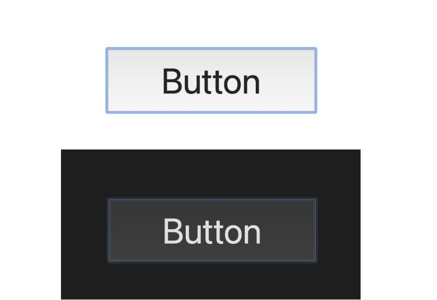 Two default buttons in Safari being focused with a keyboard. A pale blue outline surrounds the button in light mode, and in dark mode, this outline is a bit blurred with shades of white