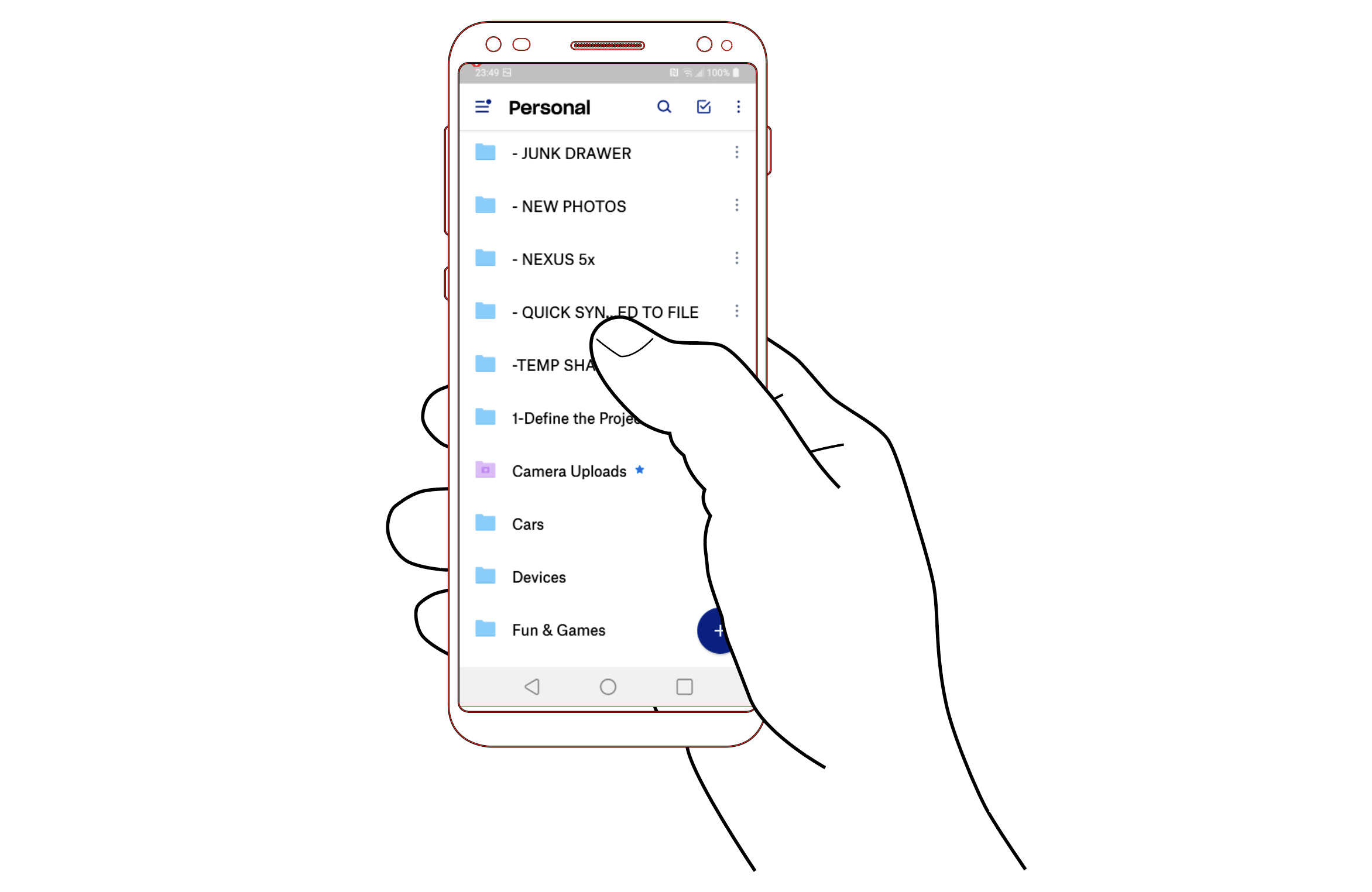 A illustration where someone holds their phone with one hand, and taps with the thumb