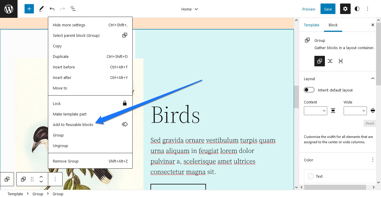 A screenshot of the 'Add to Reusable blocks' option