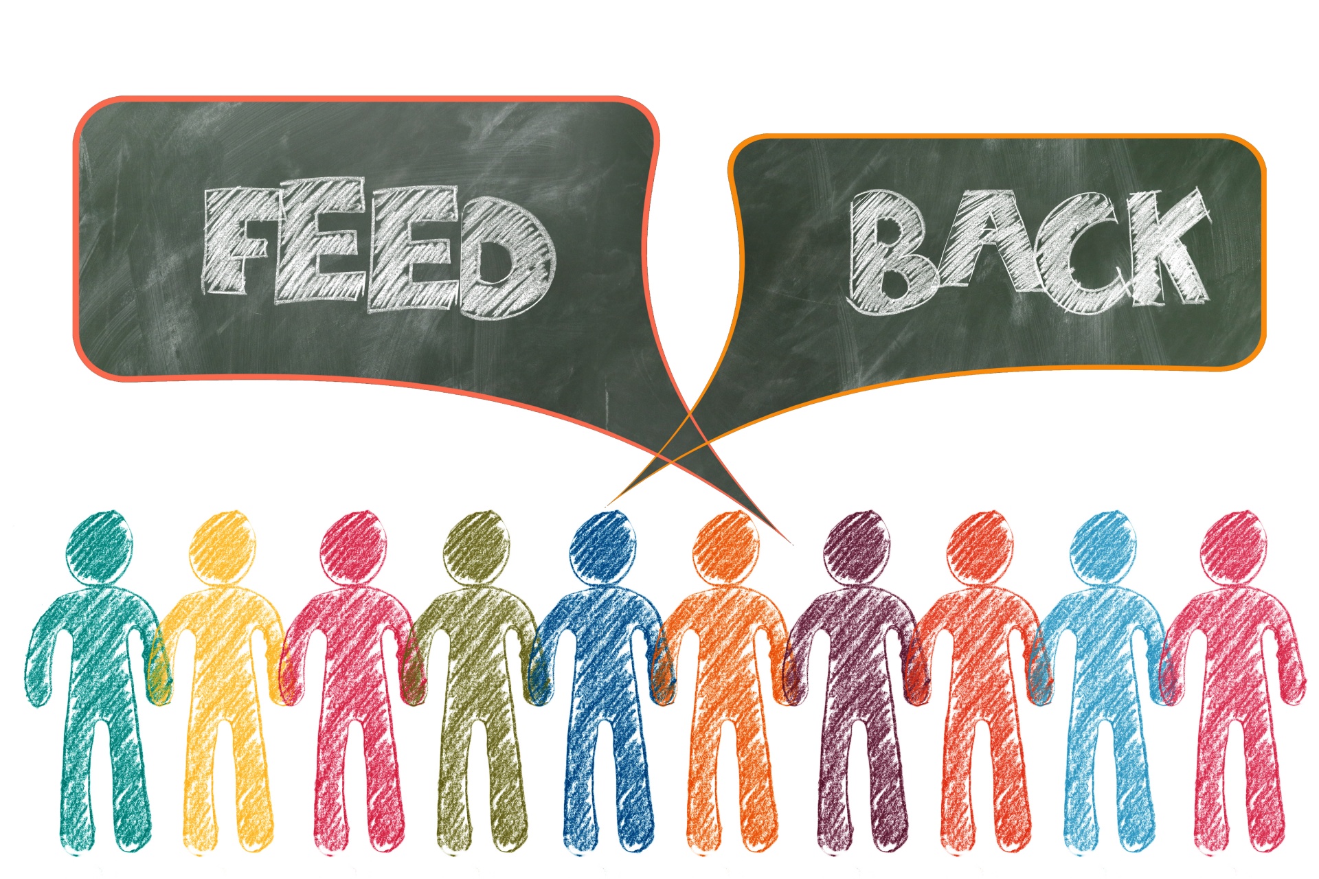 A chain of human-shaped figures that are each a different color with a large text bubble containing the word “feedback” coming from the group of people.