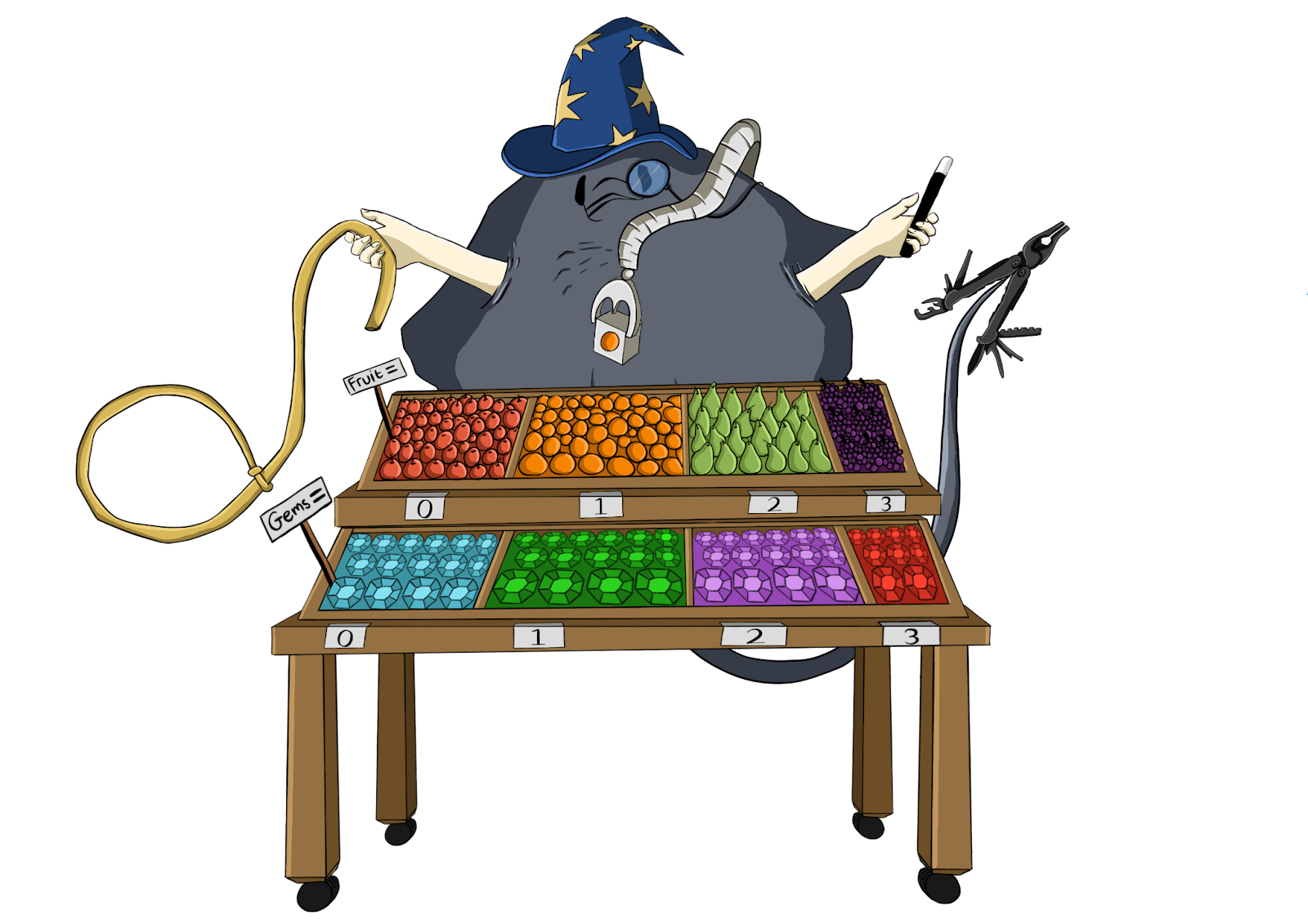 Colorful illustration of a cartoon stingray wizard in front of a fruit display