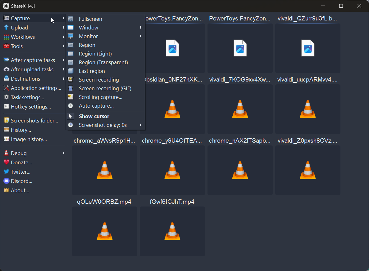 A screenshot of the ShareX interface