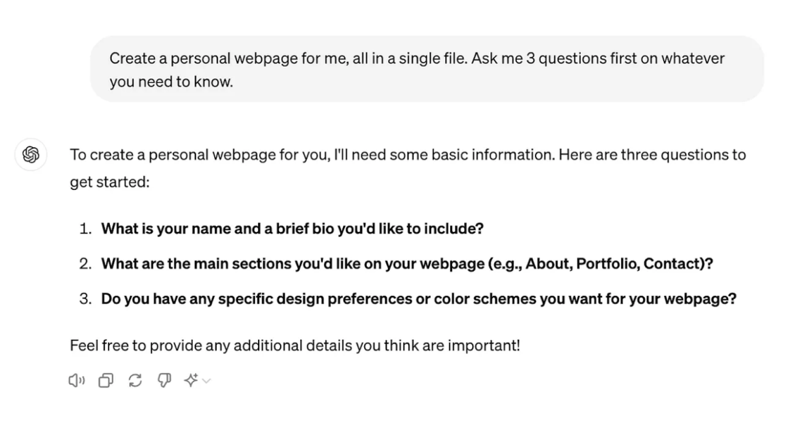 List of questions ChatGPT-4o asked on the initial prompt “Create a personal webpage”