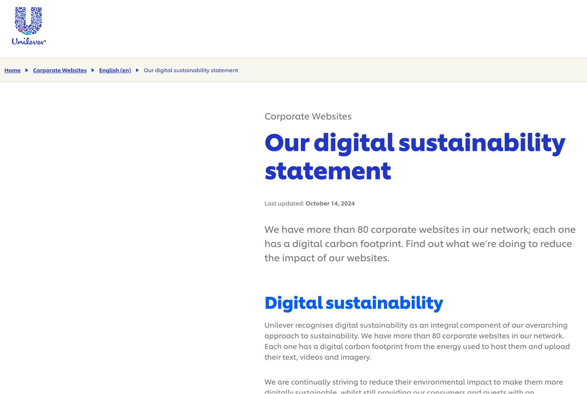Image shows a screenshot of the digital sustainability statement from Unilever’s website.
