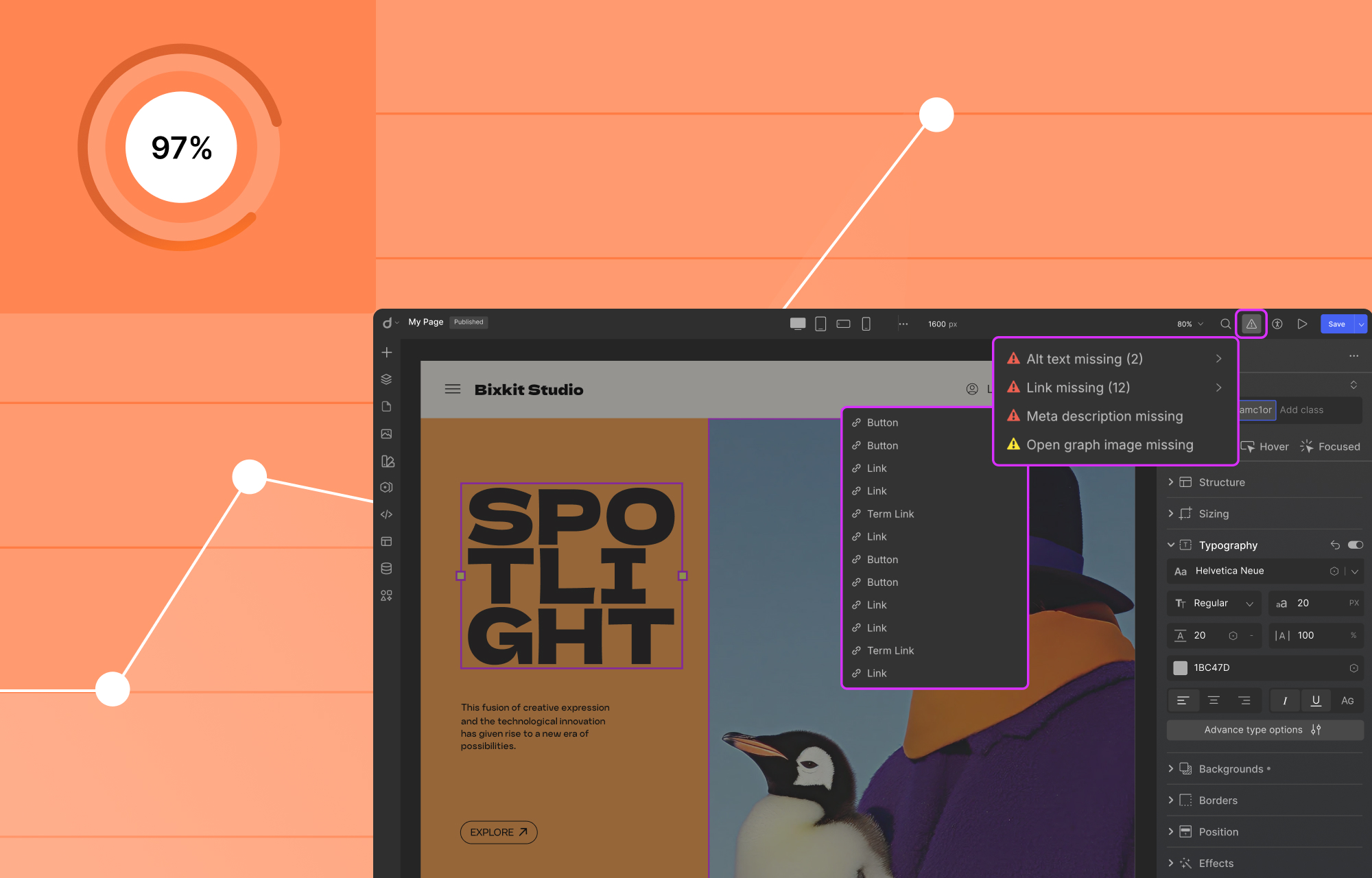 Interface showing Droip’s quality control, including alt text and broken links.